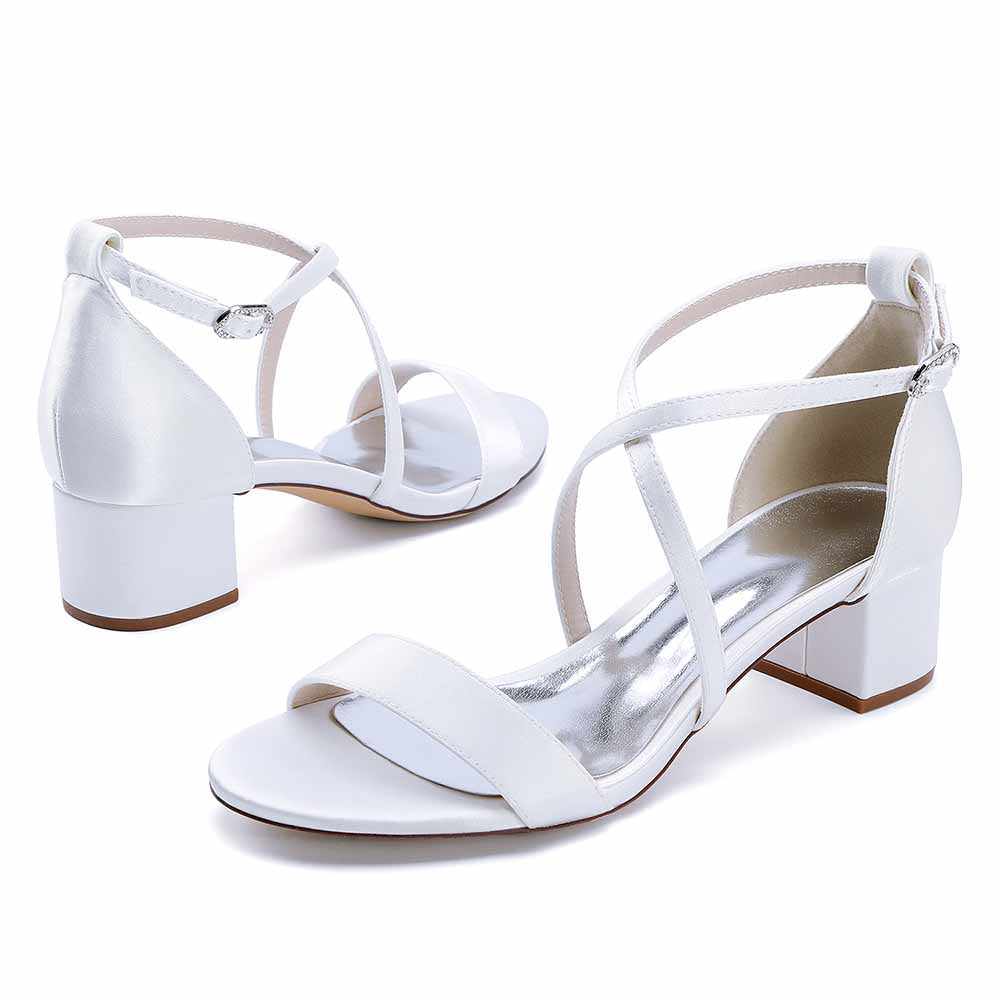 Elegant women's chunky heel bridesmaid sandals in white with adjustable ankle straps