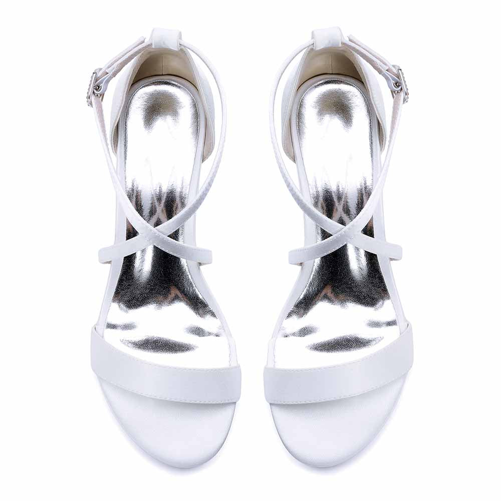 Elegant women's chunky heel bridesmaid sandals in white with a stylish cross-strap design