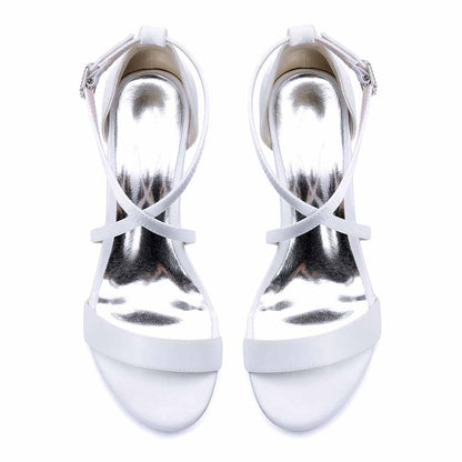 Elegant women's chunky heel bridesmaid sandals in white with a stylish cross-strap design