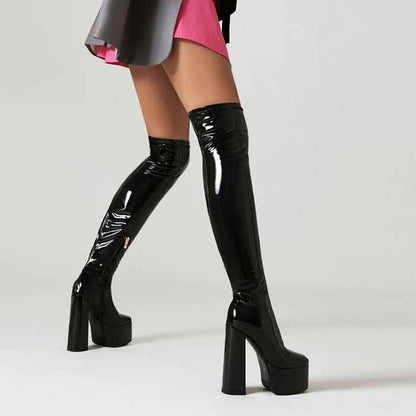 Stylish women's chunky heel over the knee boots in black patent finish for a trendy winter look