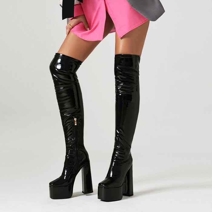 sd-hk women's chunky heel over the knee boots in black with glossy finish for stylish winter wear