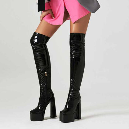 sd-hk women's chunky heel over the knee boots in black with glossy finish for stylish winter wear