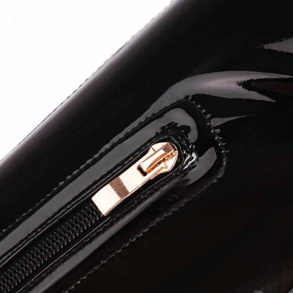 Close-up of sd-hk women's chunky heel over the knee boots featuring a shiny black finish and a gold zipper