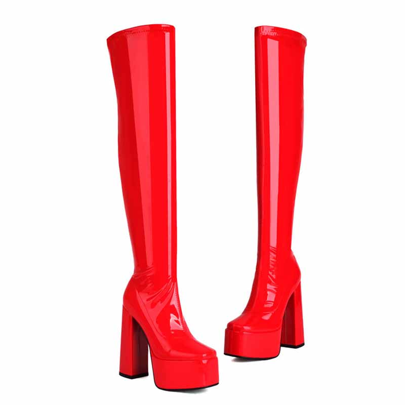 Women's chunky heel over the knee boots in glossy red with a stylish and bold design
