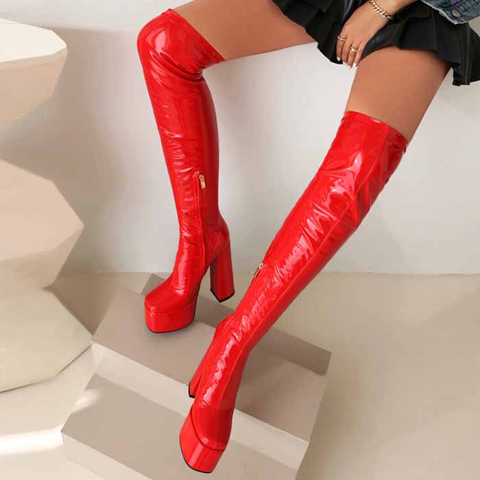 Red women's chunky heel over the knee boots with glossy finish for a trendy look