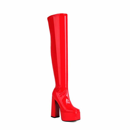 Bold red women's chunky heel over the knee boots with a glossy finish for a stylish look