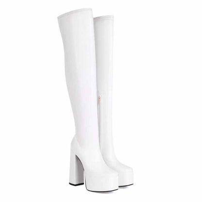 White women's chunky heel over the knee boots with a stylish platform design