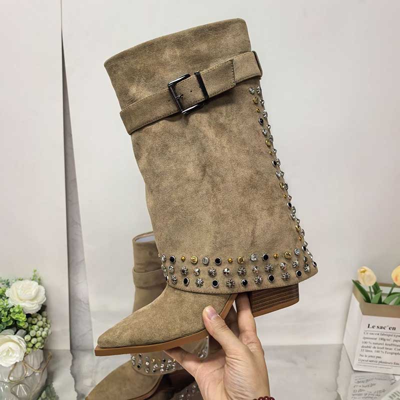 S&DCo. women's chunky heeled suede boots with decorative studs and a stylish buckle