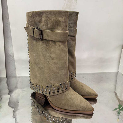 S&DCo. women's chunky heeled suede boots adorned with decorative studs for a stylish look
