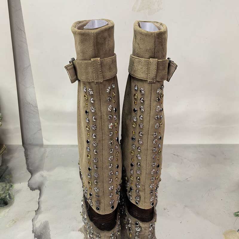 S&DCo. women's chunky heeled suede boots with studded embellishments and adjustable buckle detail