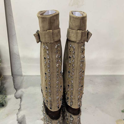 S&DCo. women's chunky heeled suede boots with studded embellishments and adjustable buckle detail