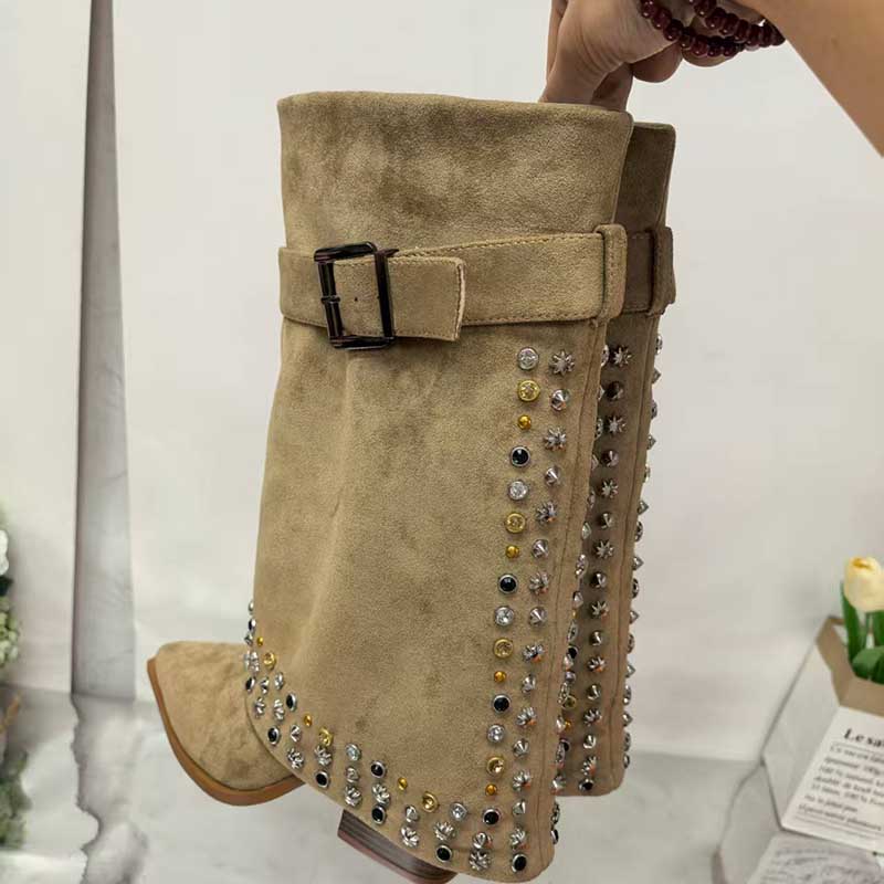 S&DCo. women's chunky heeled suede boots featuring studded embellishments and a stylish belt buckle