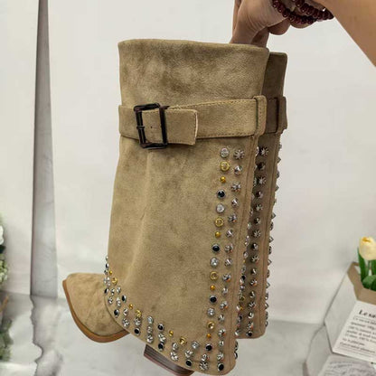 S&DCo. women's chunky heeled suede boots featuring studded embellishments and a stylish belt buckle