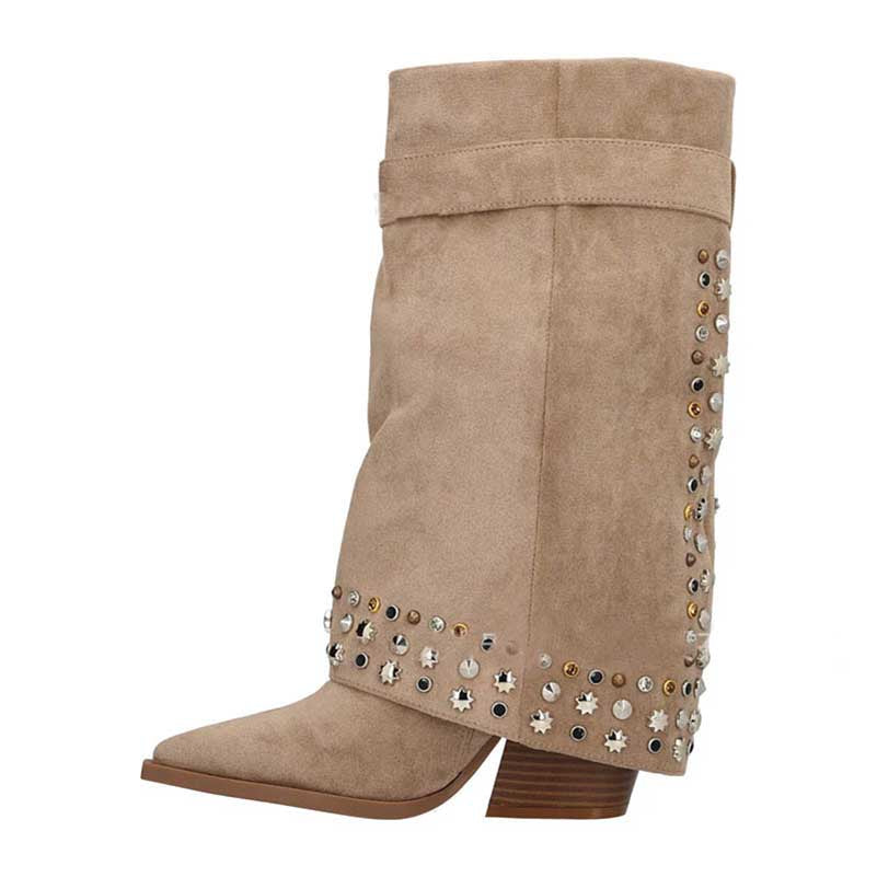 S&DCo. women's chunky heeled suede boots in beige with decorative studs for stylish comfort