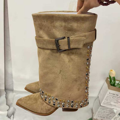 S&DCo. women's chunky heeled suede boots with decorative studs and stylish buckle design