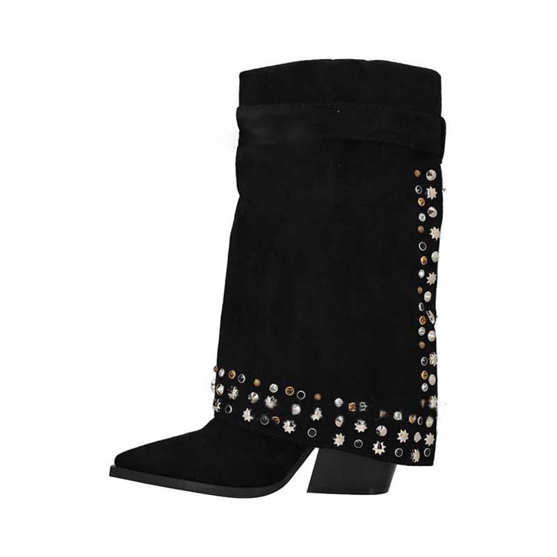 S&DCo. women's chunky heeled suede boots with decorative studs and a stylish design