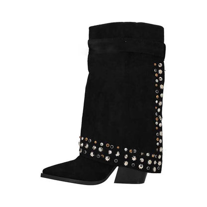 S&DCo. women's chunky heeled suede boots with decorative studs and a stylish design