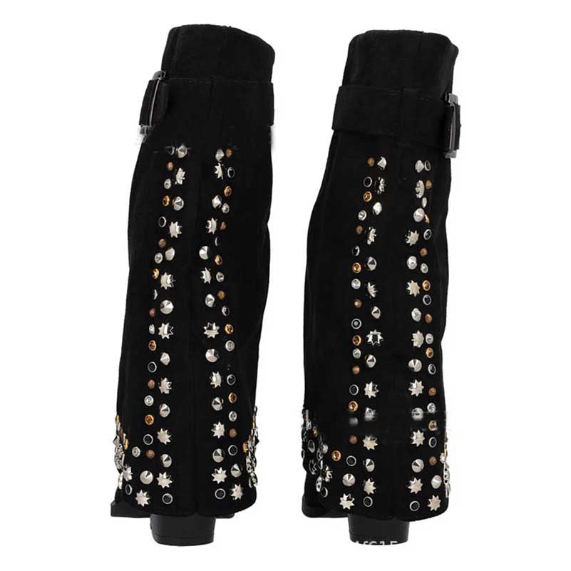 Stylish women's chunky heeled suede boots featuring decorative studs and a trendy design