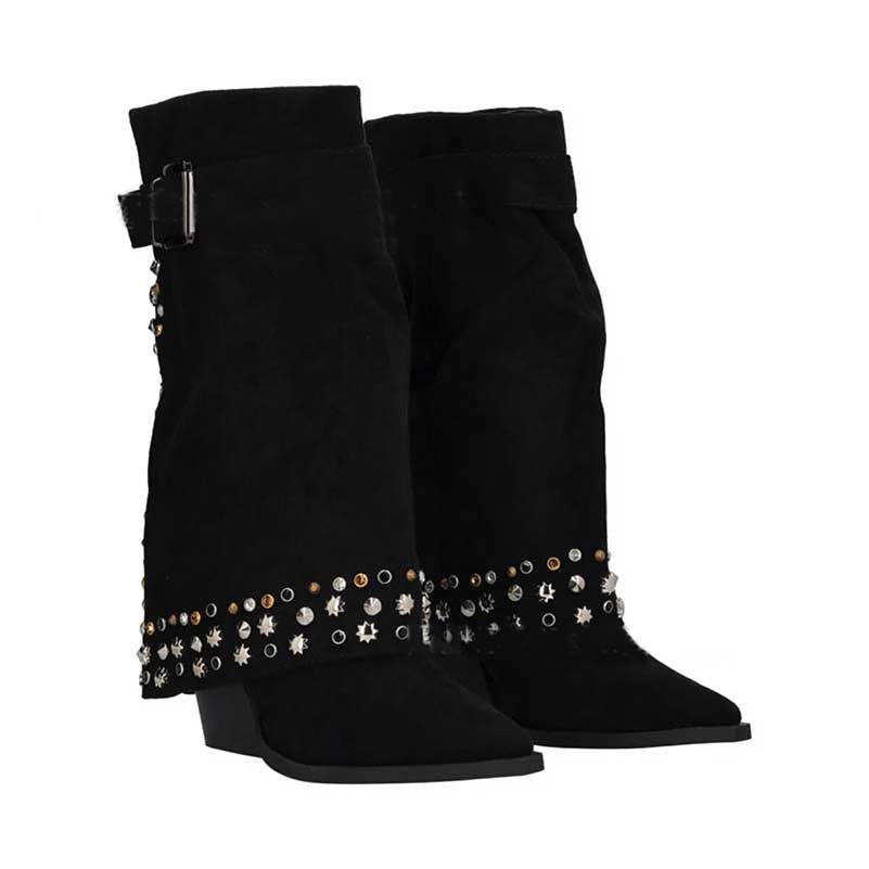 S&DCo. women's chunky heeled suede boots with decorative studs and buckle detail for stylish comfort