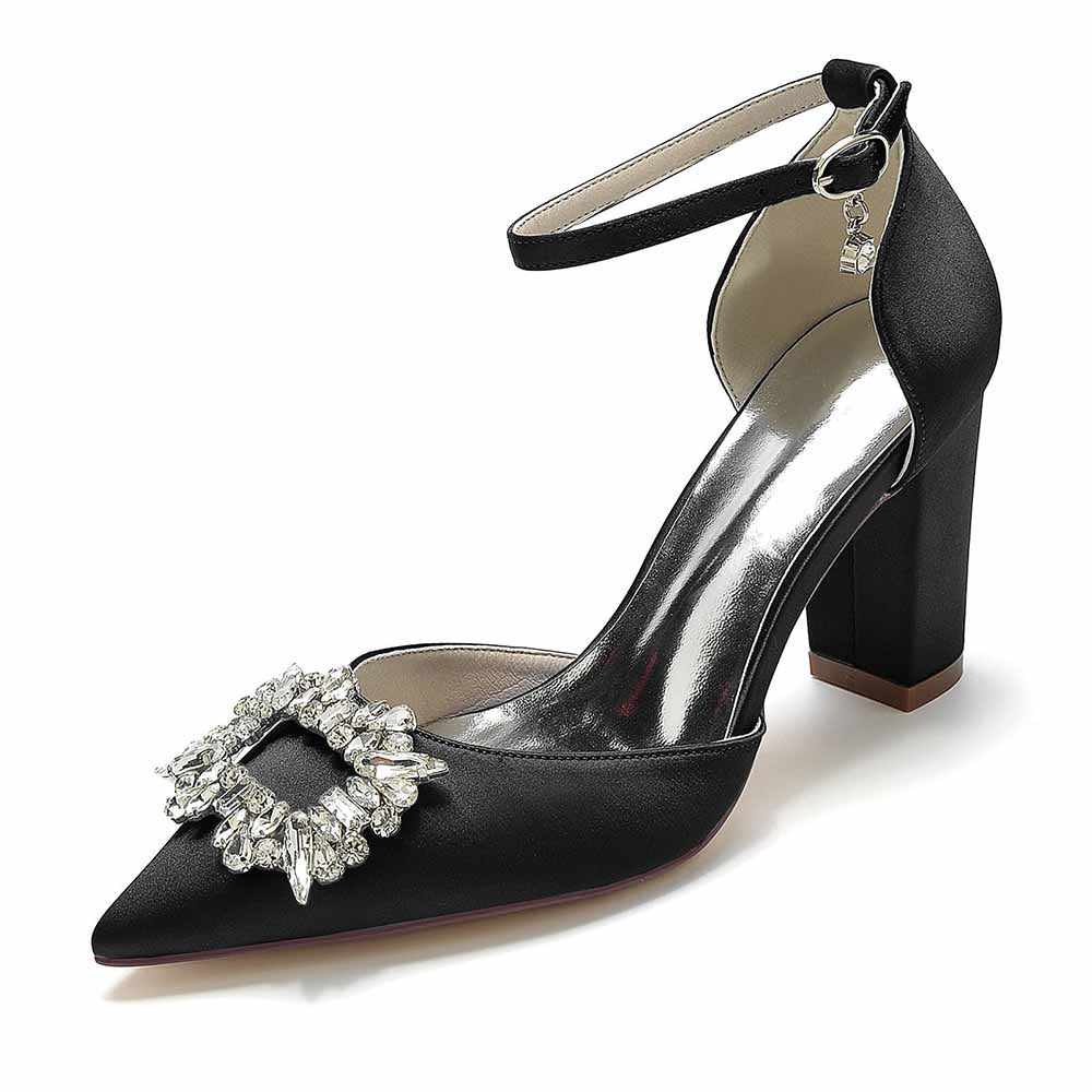 Women's closed toe prom heels with bead buckle in black satin and block heel design