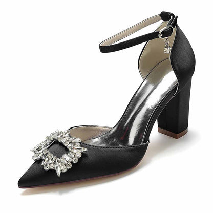 Women's closed toe prom heels with bead buckle in black satin and block heel design