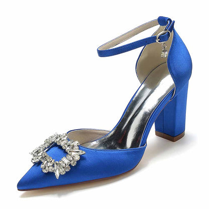 Blue women's closed toe prom heels with bead buckle featuring a stylish block heel