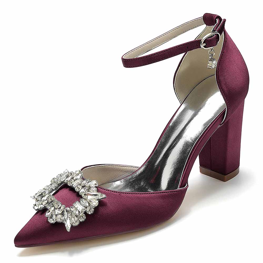 Women's closed toe prom heels with bead buckle in burgundy satin and block heel design