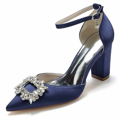 Navy women's closed toe prom heels with bead buckle and ankle strap for elegant occasions