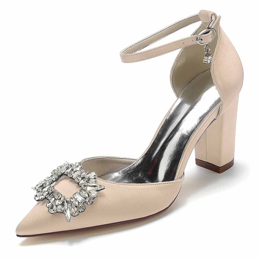 Elegant women's closed toe prom heels with bead buckle featuring a block heel for comfort and style