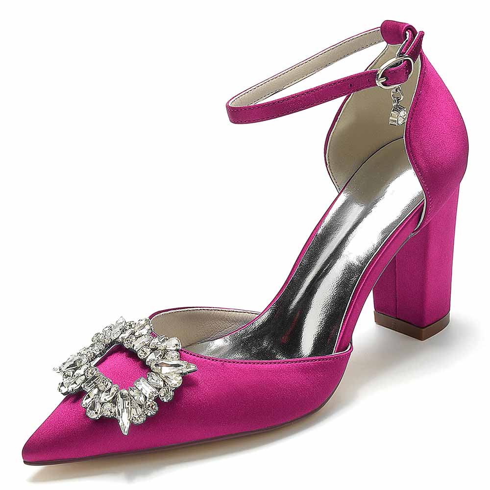Women's closed toe prom heels with bead buckle in vibrant pink satin for elegant occasions