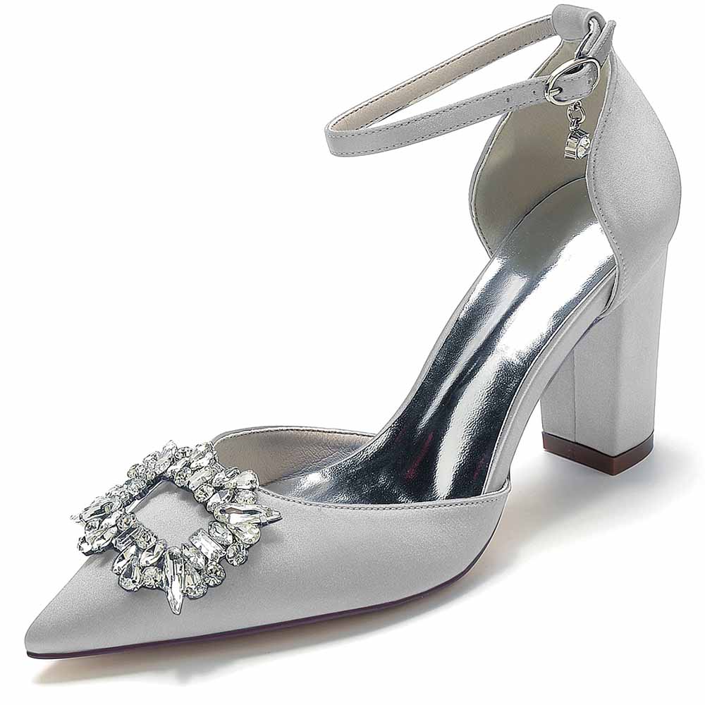 women's closed toe prom heels with bead buckle in silver with a sleek ankle strap design