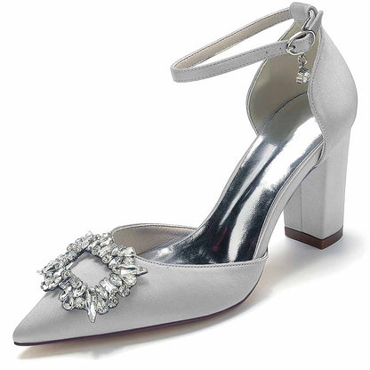 women's closed toe prom heels with bead buckle in silver with a sleek ankle strap design