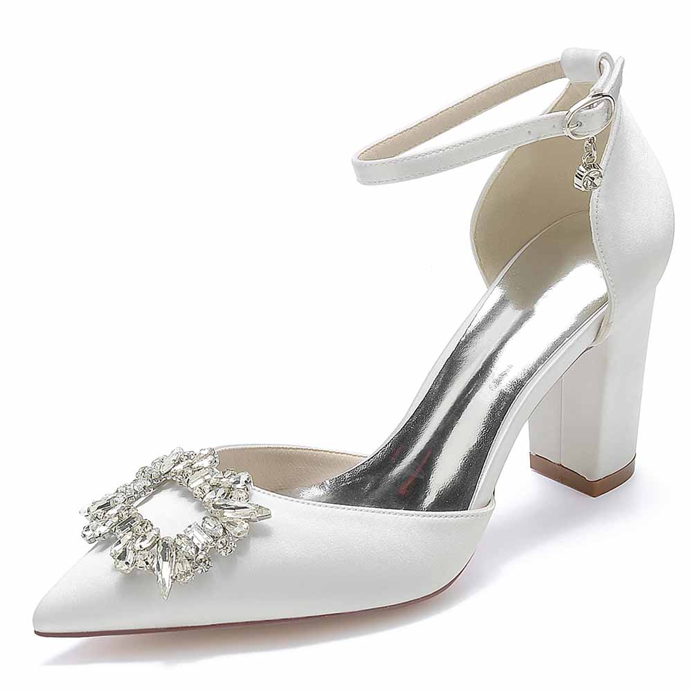 Women's closed toe prom heels with bead buckle in white satin featuring a stylish ankle strap