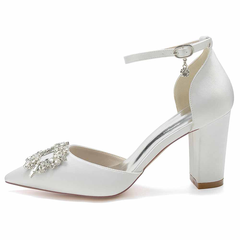 Women's closed toe prom heels with bead buckle in elegant white satin and stylish block heel