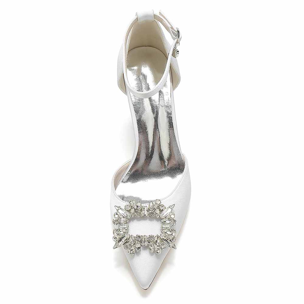 Women's closed toe prom heels with bead buckle featuring a sleek white design and stylish ankle strap