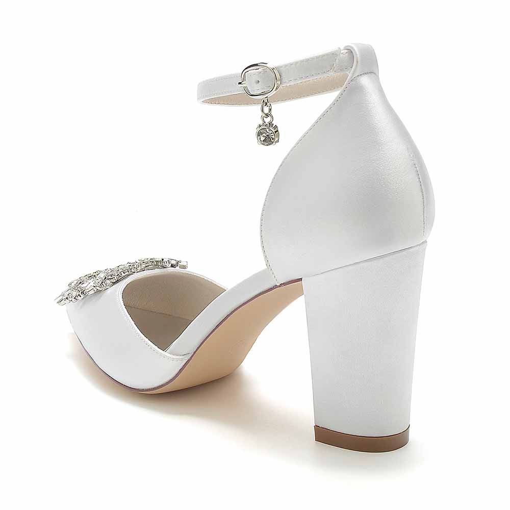 Elegant women's closed toe prom heels with bead buckle featuring a stylish ankle strap and block heel
