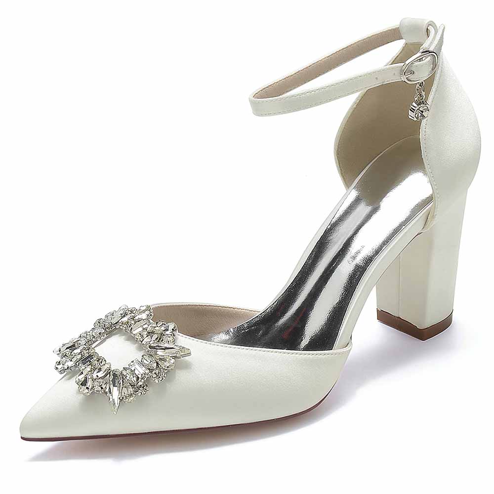 Elegant women's closed toe prom heels with bead buckle and ankle strap in white satin finish