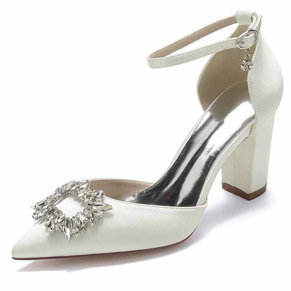 Elegant women's closed toe prom heels with bead buckle and ankle strap in white satin finish
