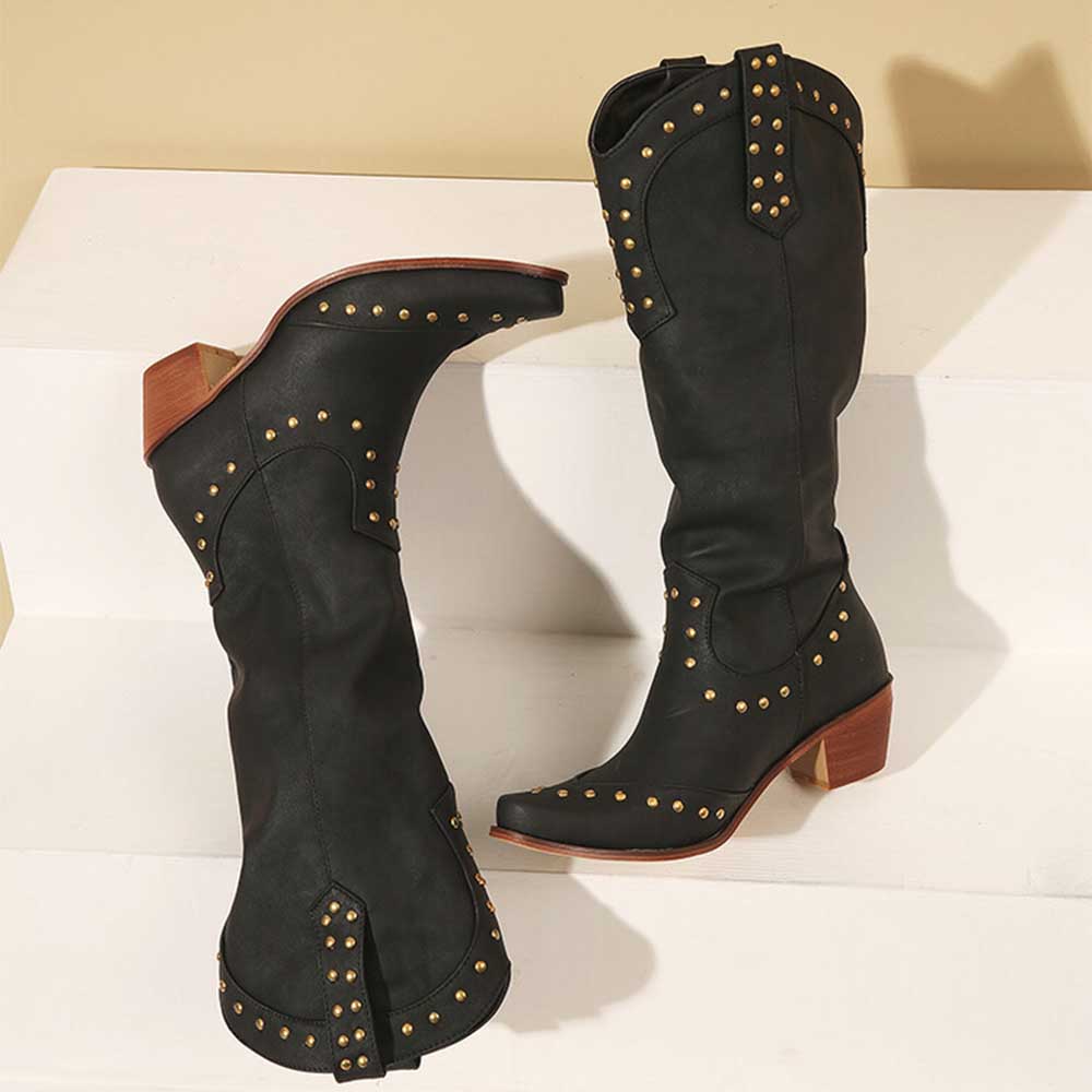 Stylish women's country western boots in black with studded details and a classic cowboy silhouette