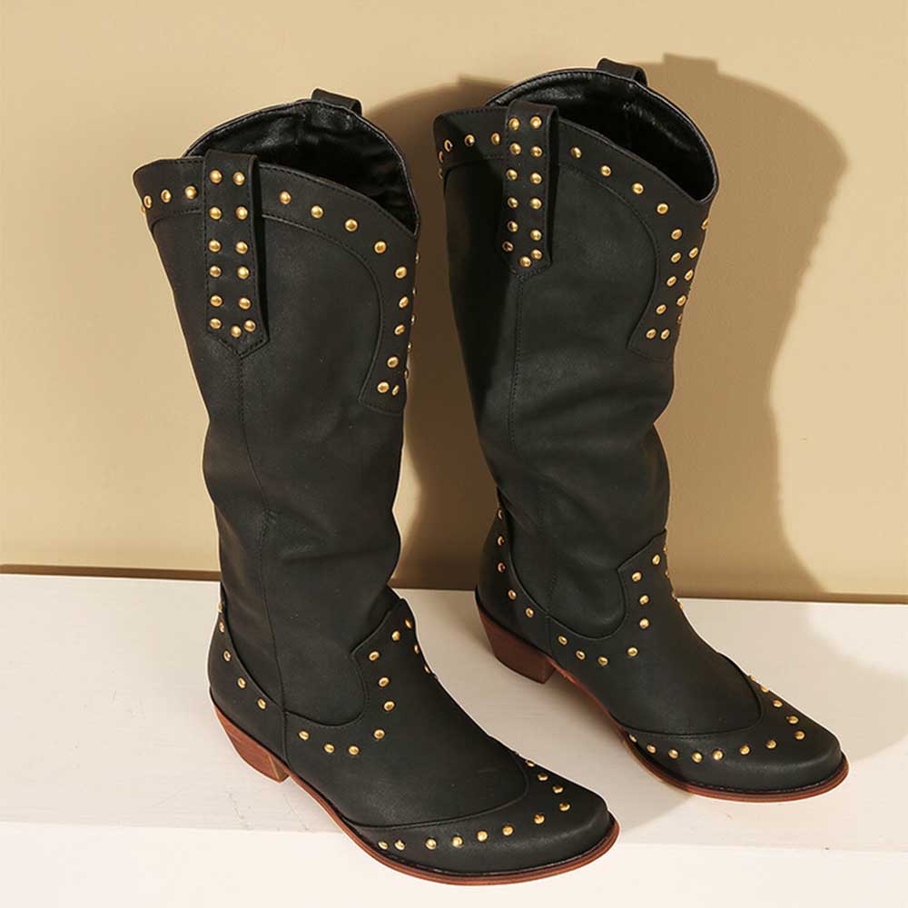 Black women's country western boots featuring decorative studs and a stylish design