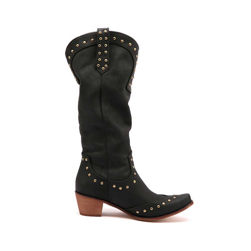 Stylish black women's country western boots with studded details and a low heel
