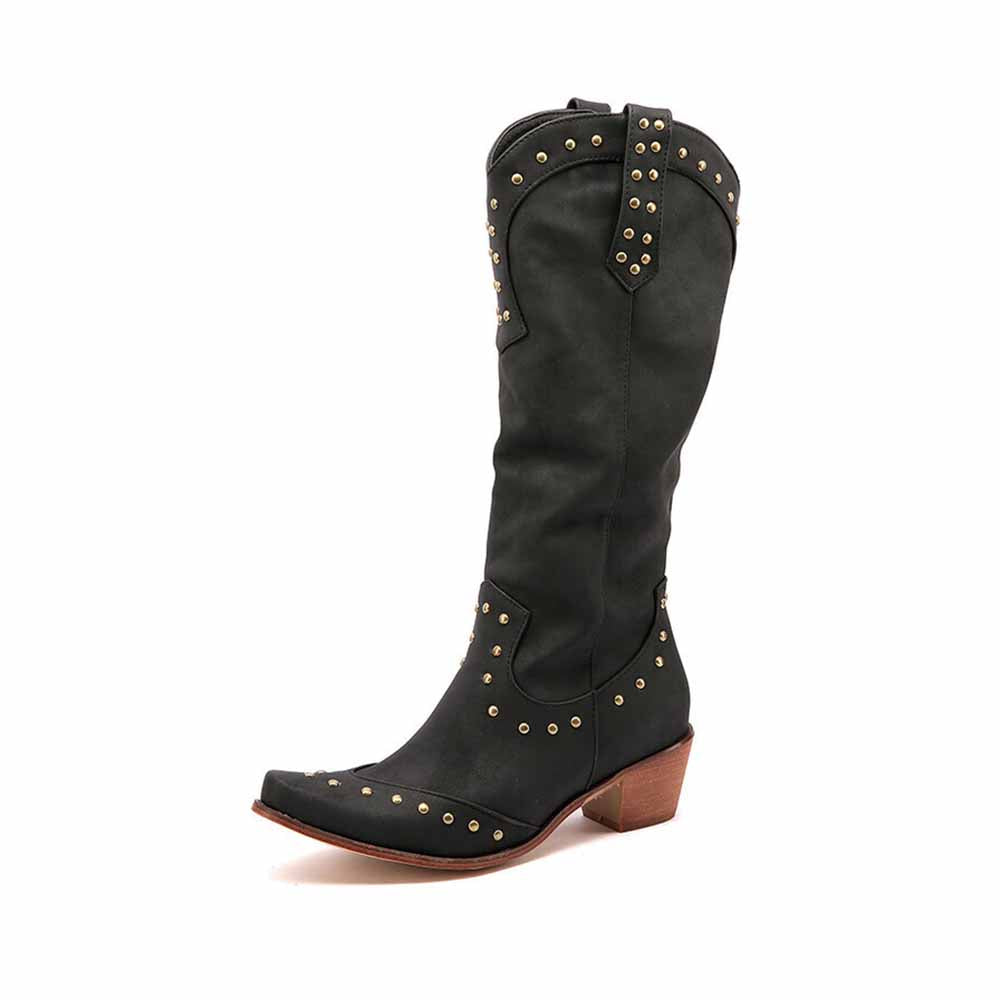 Stylish women's country western boots in black with gold studs and classic pointed toe design