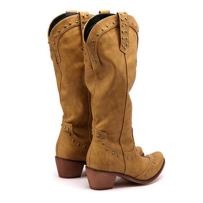 Stylish women's country western boots with decorative studs and a chic stacked heel