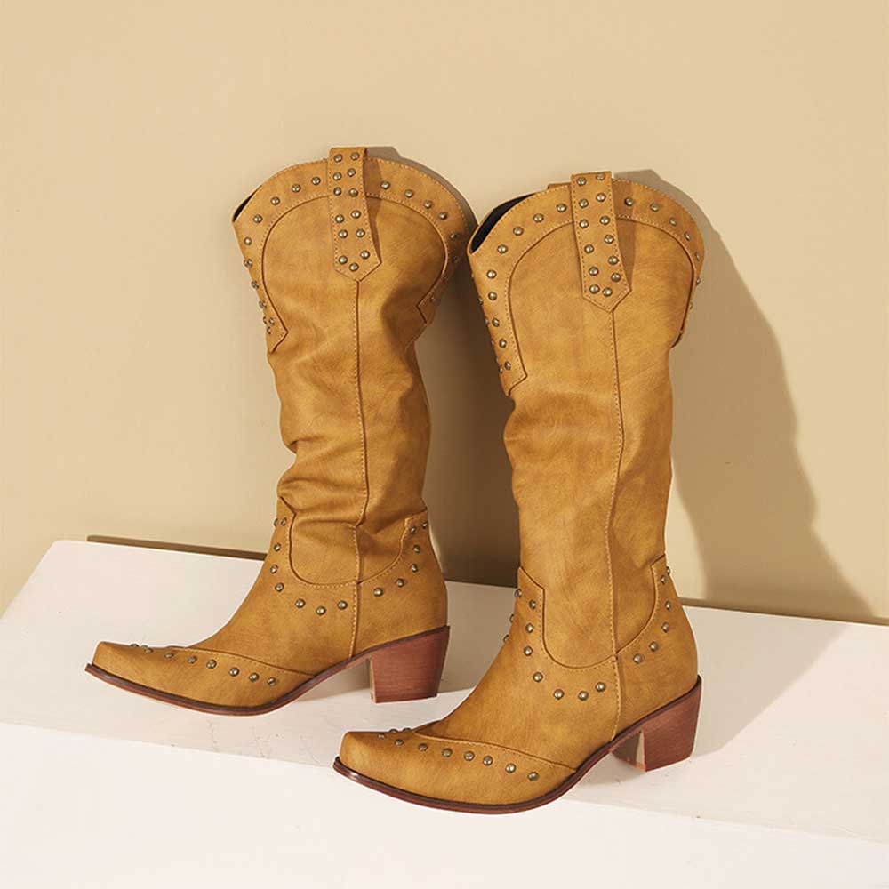 Stylish women's country western boots in tan with studded details and a comfortable block heel