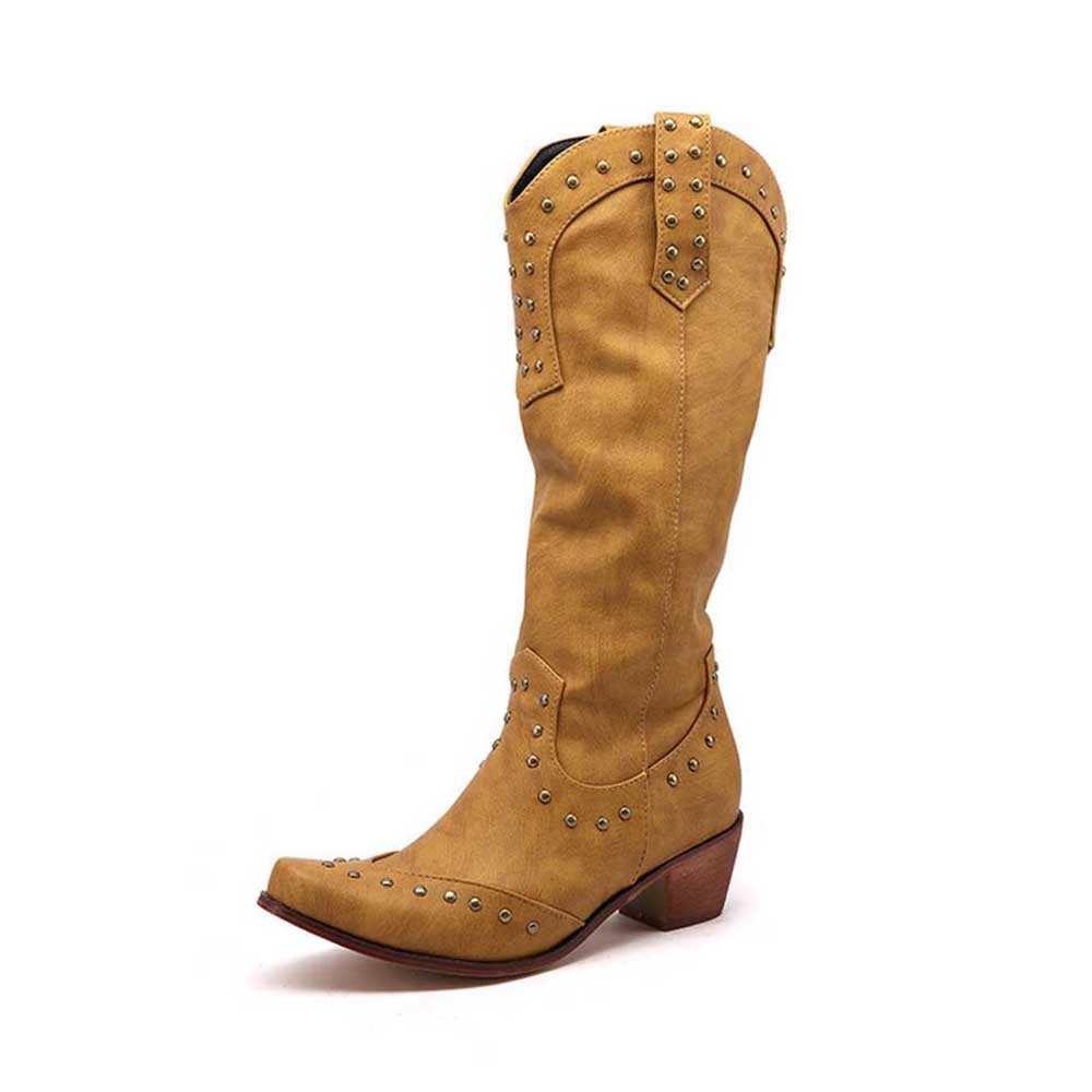 Stylish women's country western boots in tan with studded detailing and a comfortable heel