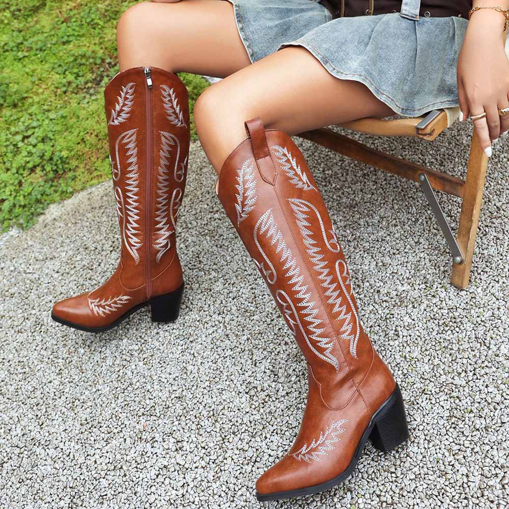 Stylish women's cowboy boots low heel in brown with intricate stitching for a fashionable look