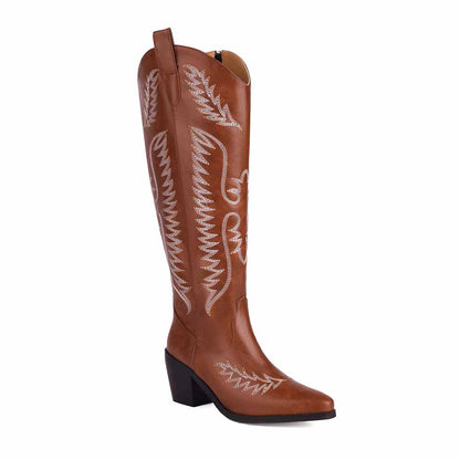 sd-hk women's cowboy boots low heel in brown with decorative stitching and tall shaft design