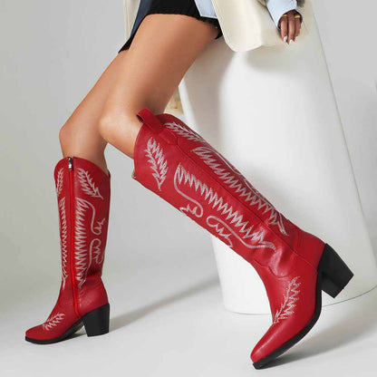 Red women's cowboy boots low heel with intricate stitching and a stylish design for a trendy look