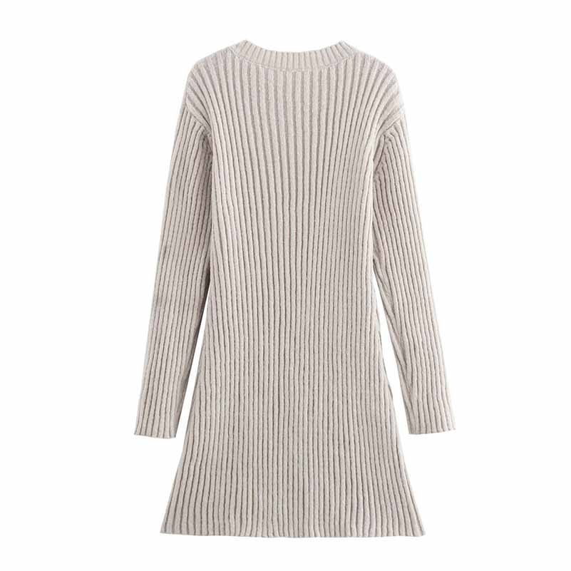 Women's cozy knit mini dress in light beige with a ribbed texture and long sleeves