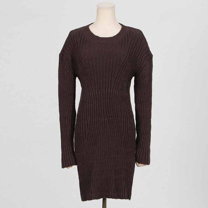Women's cozy knit mini dress in dark brown with ribbed texture and long sleeves